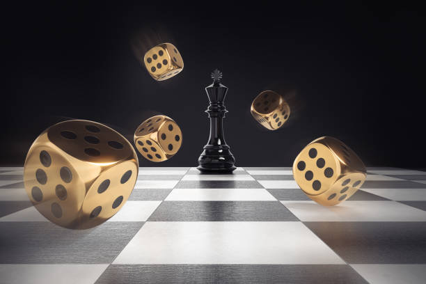 king chess piece and golden Casino dice, Chess board game concept of business strategy idea, 3d rendering